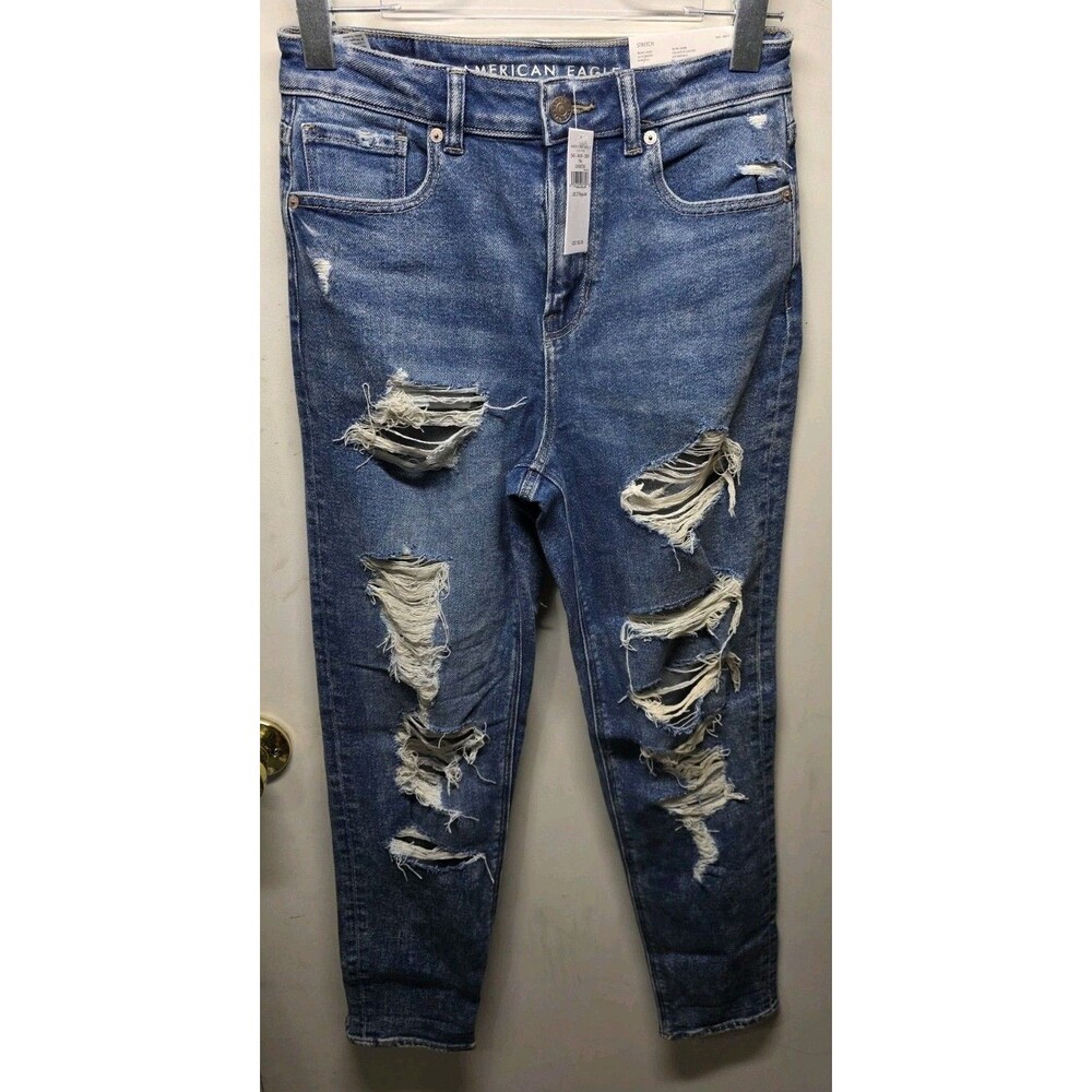 NWT American Eagle Mom Jean Acid Wash Distressed Blue Jeans Size 2 (26)